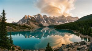 Diablo Lake turquoise waters surrounded by North Cascades mountains at golden hour
