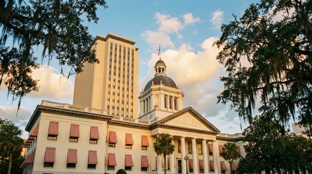 Florida State Capitol building in Tallahassee with historic Old Capitol in foreground