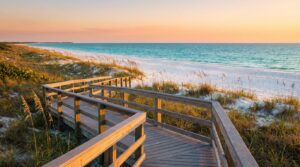 Honeymoon Island State Park beach with white sand, turquoise waters, and wooden boardwalk at sunset