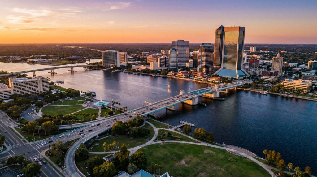 Jacksonville Florida skyline and St. Johns River at sunset