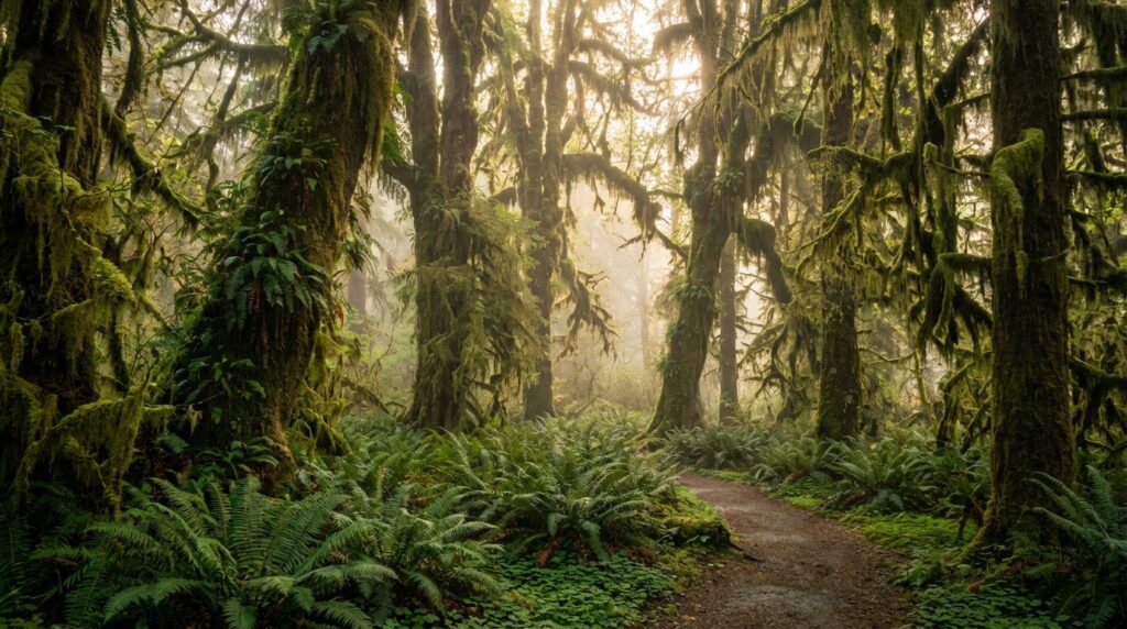 Moss-covered trees in the Hoh Rainforest, Olympic National Park, Washington