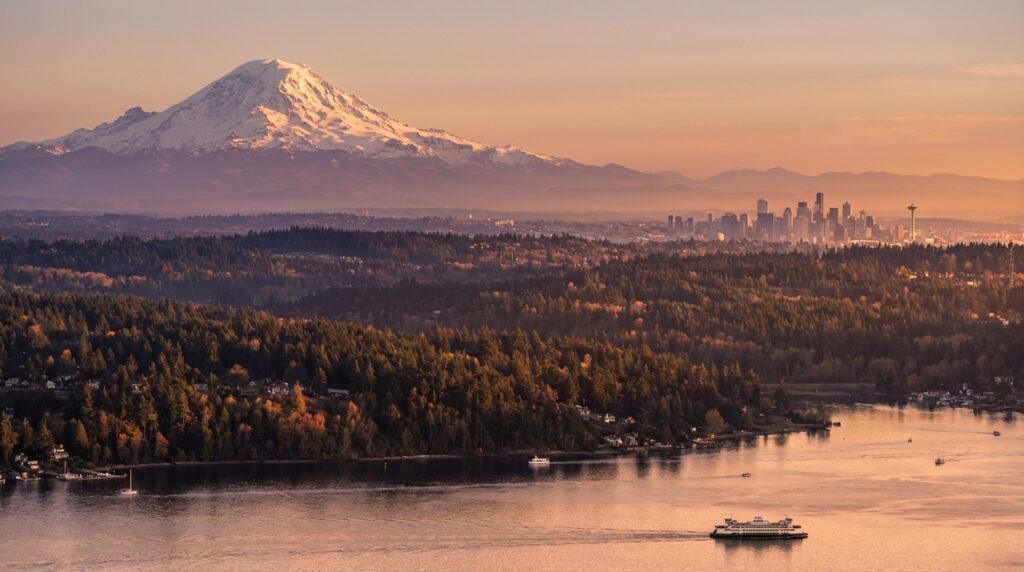 Mount Rainier and Seattle skyline at sunset - iconic Washington State landscape