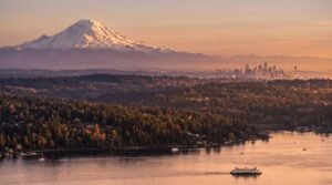 Mount Rainier and Seattle skyline at sunset - iconic Washington State landscape