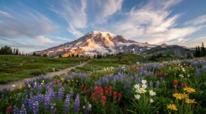 Mount Rainier peak above wildflower meadows at Paradise in Washington State
