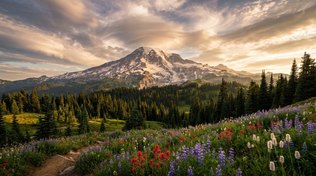 Mount Rainier volcano towering over alpine meadows in the Cascade Range at sunset