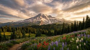 Mount Rainier volcano towering over alpine meadows in the Cascade Range at sunset
