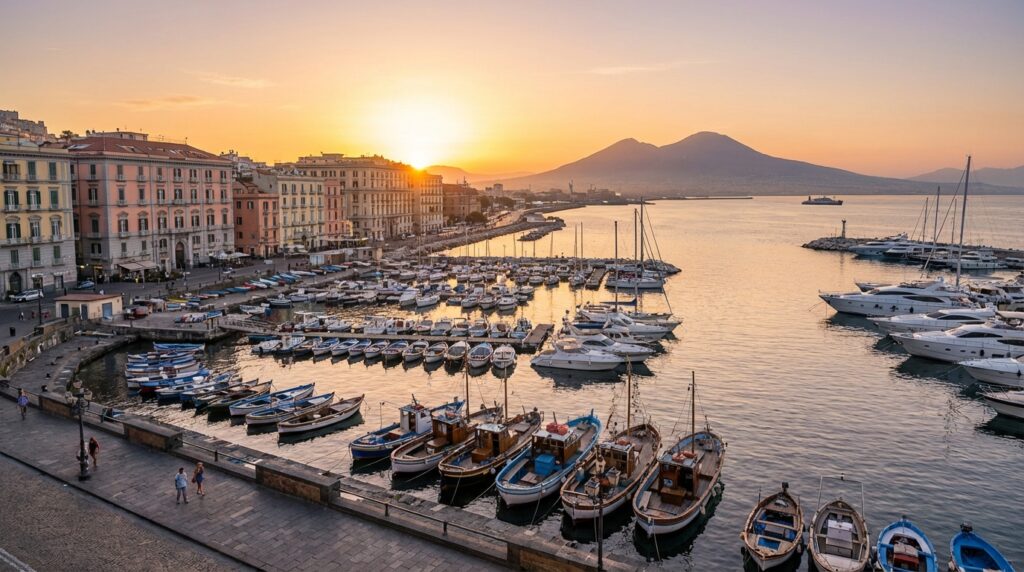 Naples Italy waterfront with Mount Vesuvius volcano in background at golden hour