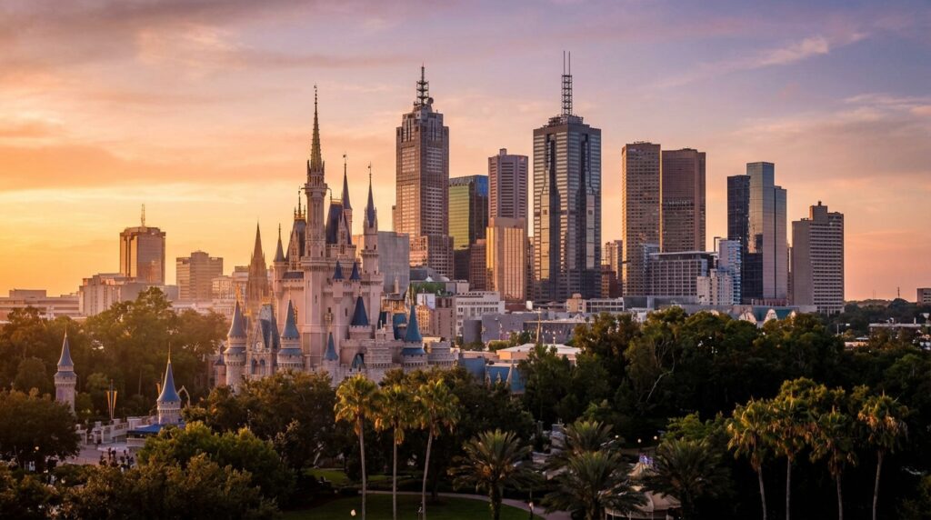 Orlando skyline featuring Cinderella Castle and modern buildings at sunset