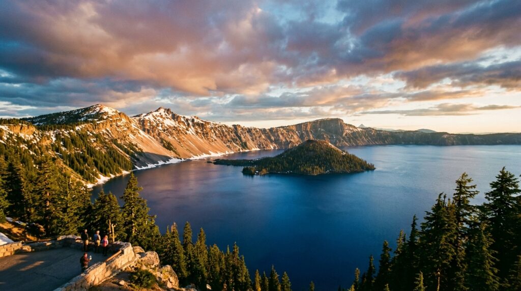Panoramic view of Crater Lake's deep blue water and Wizard Island from Rim Village overlook at sunset