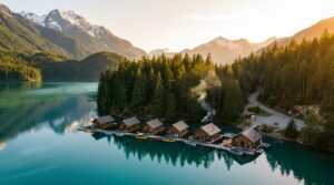 Ross Lake Resort floating cabins on turquoise water with North Cascades mountains in background