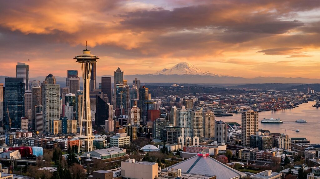 Seattle skyline featuring Space Needle with Mount Rainier in background at golden hour