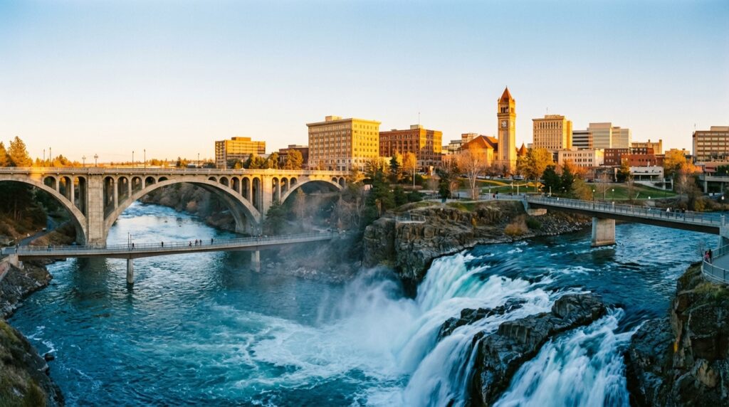Spokane Falls flowing through downtown Spokane with Monroe Street Bridge at golden hour
