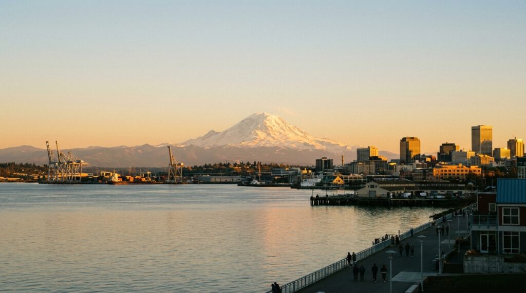 Tacoma waterfront skyline with Mount Rainier backdrop at golden hour