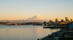Tacoma waterfront skyline with Mount Rainier backdrop at golden hour