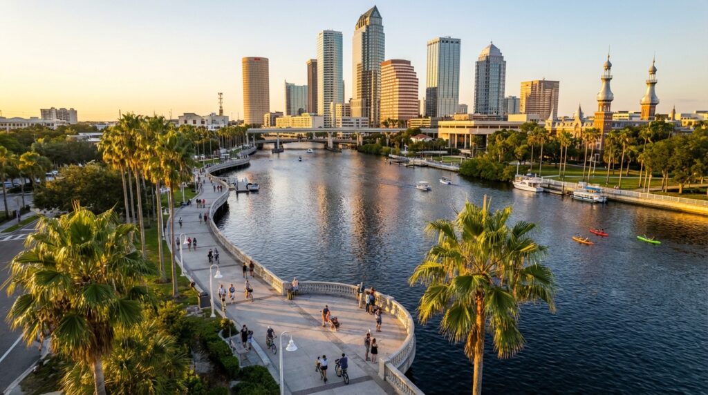 Tampa Riverwalk waterfront promenade with downtown skyline at sunset