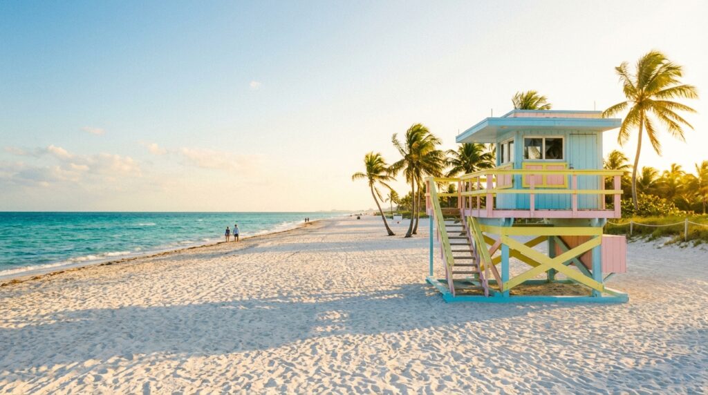 Turquoise waters and white sand beach in Florida with Art Deco lifeguard tower at sunset