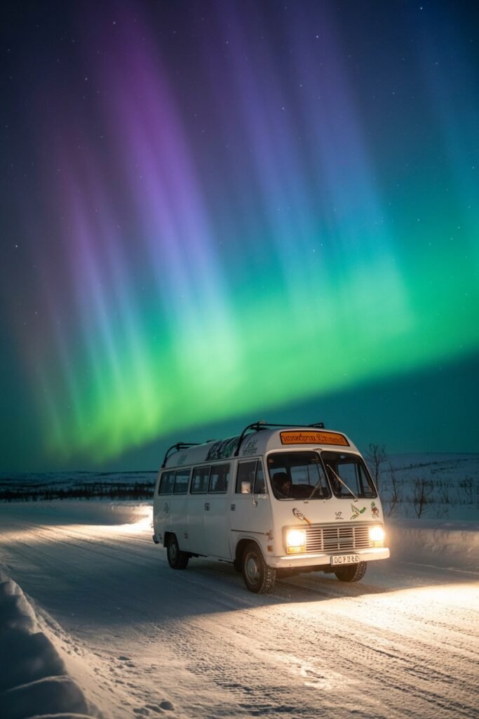 A Northern Lights Hunting Tour by minibus offers a flexible way to chase clear skies for optimal aurora viewing in Lapland.