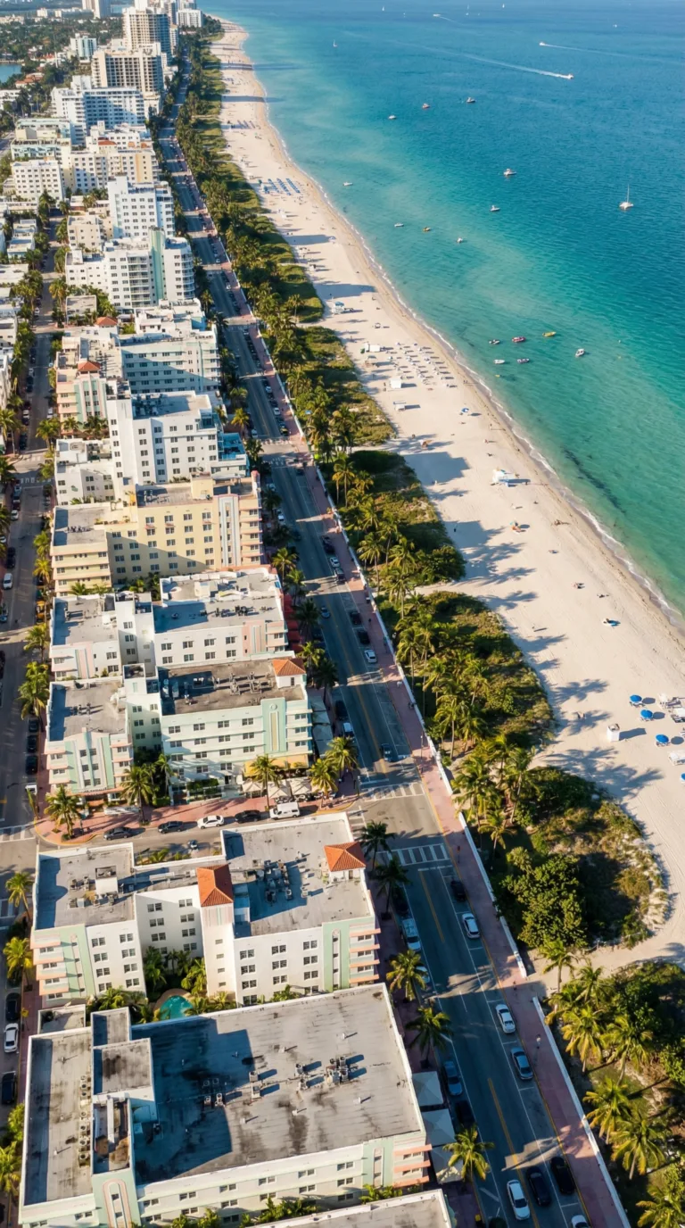Aerial view of Miami Beach Art Deco district with pastel buildings, beach, and turquoise ocean