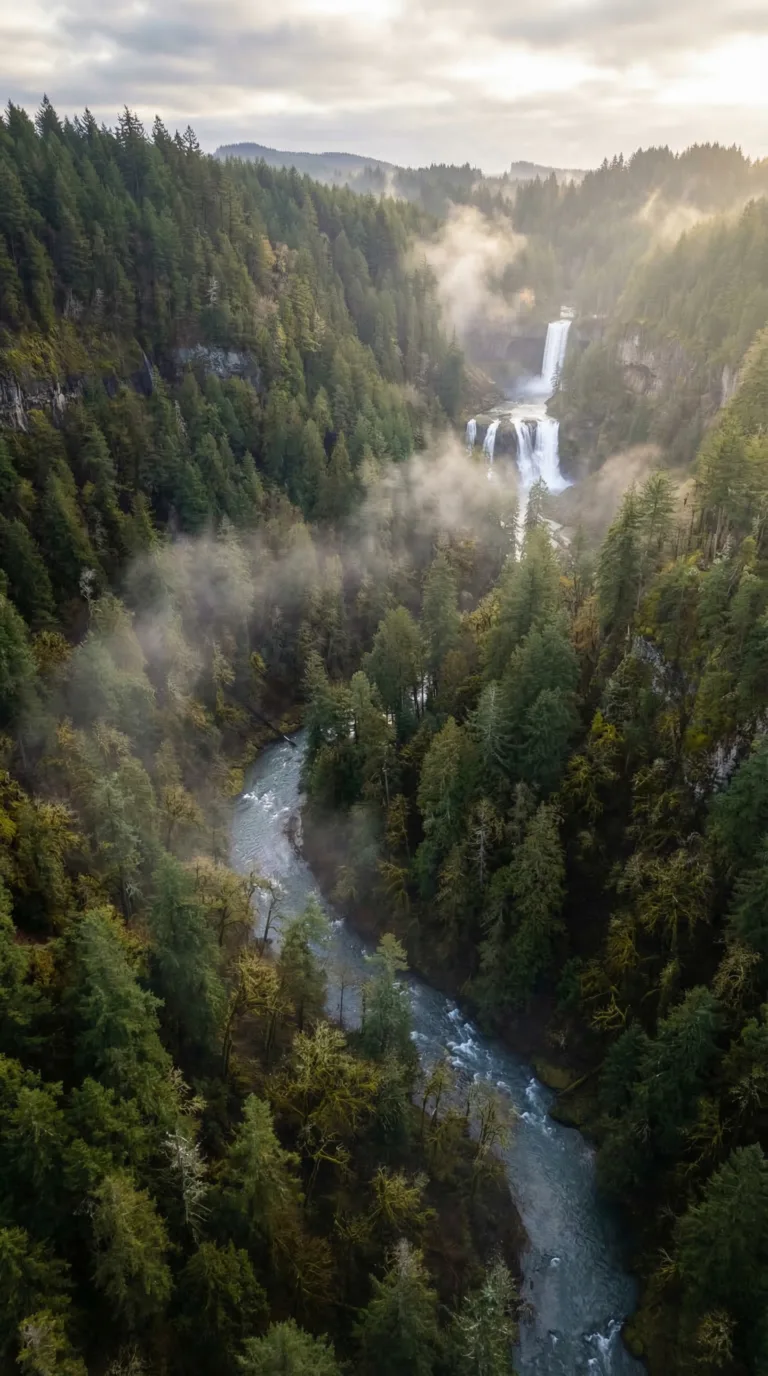 Aerial view of Silver Falls State Park forest canopy with waterfalls and Silver Creek canyon in Oregon