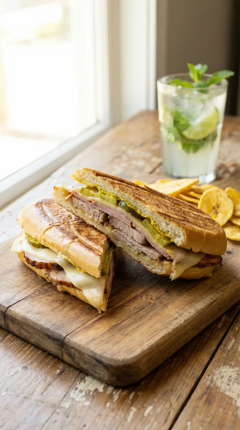 Authentic Cuban sandwich with roast pork and plantains in Miami restaurant