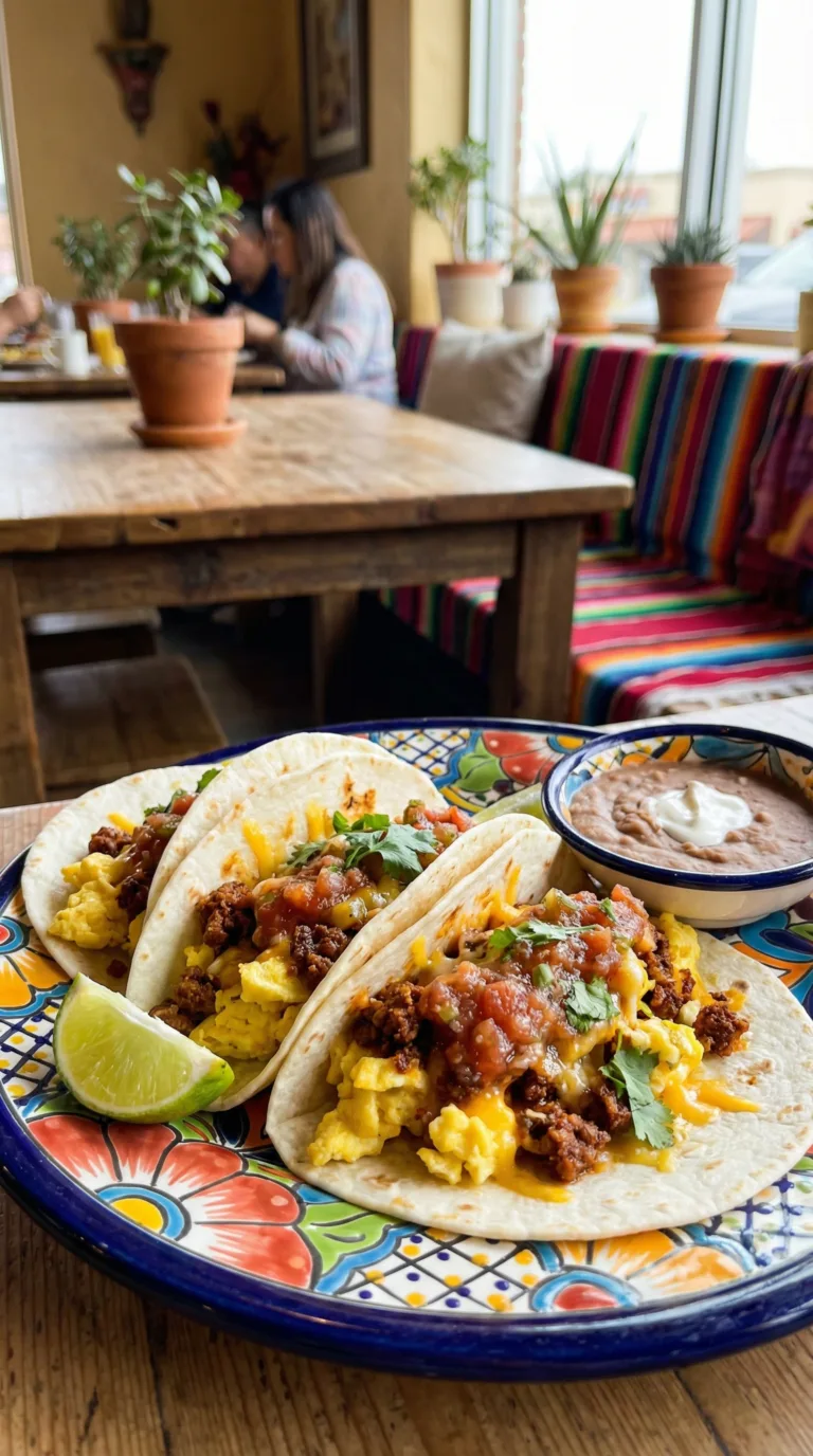 Authentic Tex-Mex breakfast tacos with eggs, chorizo, and fresh salsa on colorful plate