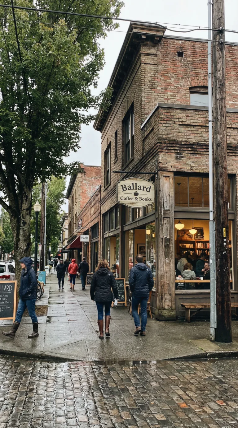 Ballard neighborhood street in Seattle with historic brick buildings and local shops
