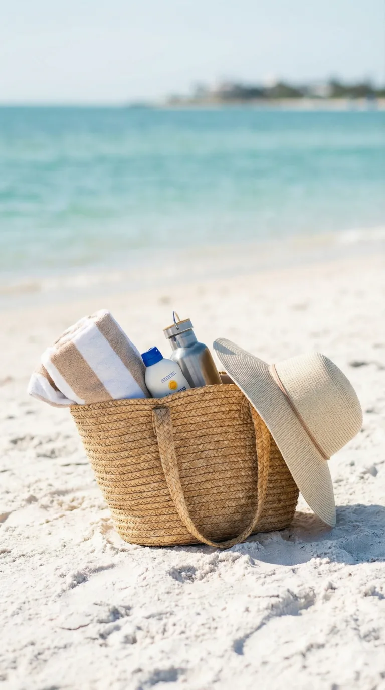 Beach essentials including sunscreen and towel prepared for Honeymoon Island State Park visit