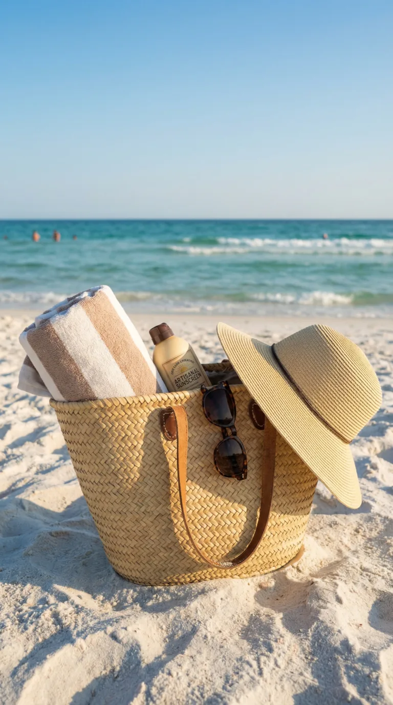 Beach essentials sunscreen hat sunglasses on Miami Beach sand with ocean view