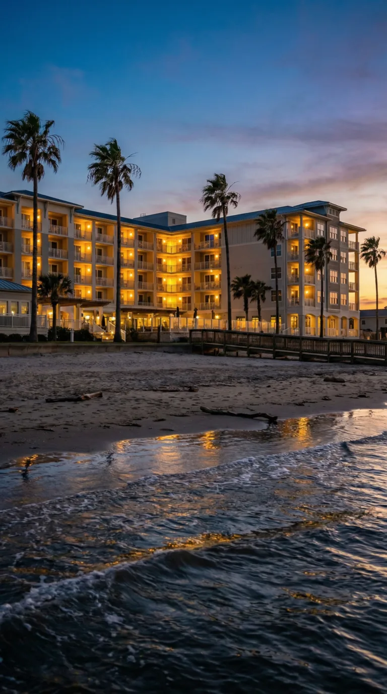 Beachfront hotel in Corpus Christi at sunset with palm trees and Gulf views
