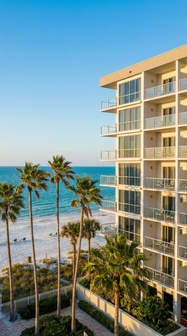 Beachfront resort hotel with palm trees and Gulf views in Clearwater Beach