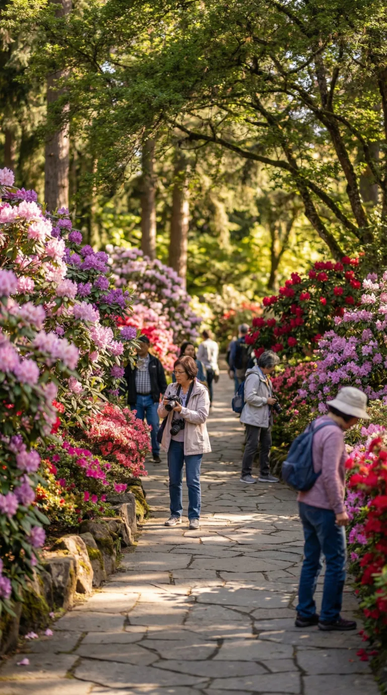 Bellevue Botanical Garden with blooming rhododendrons and stone pathways