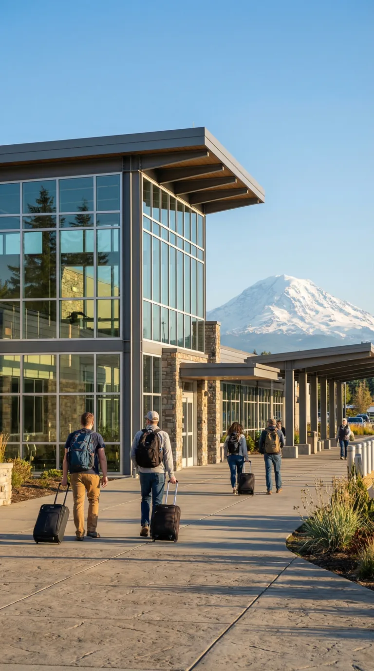 Bellingham International Airport terminal with Mount Baker in background
