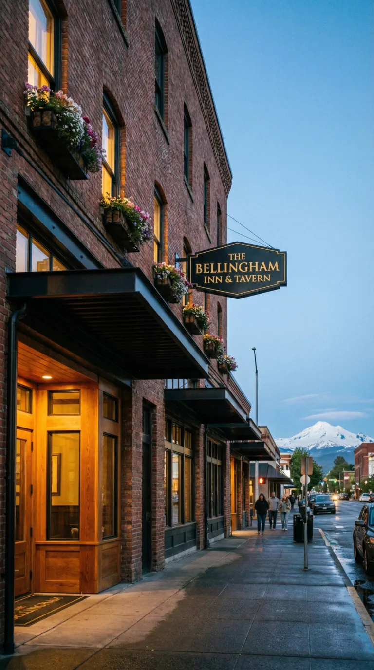 Boutique hotel exterior in downtown Bellingham with mountain views
