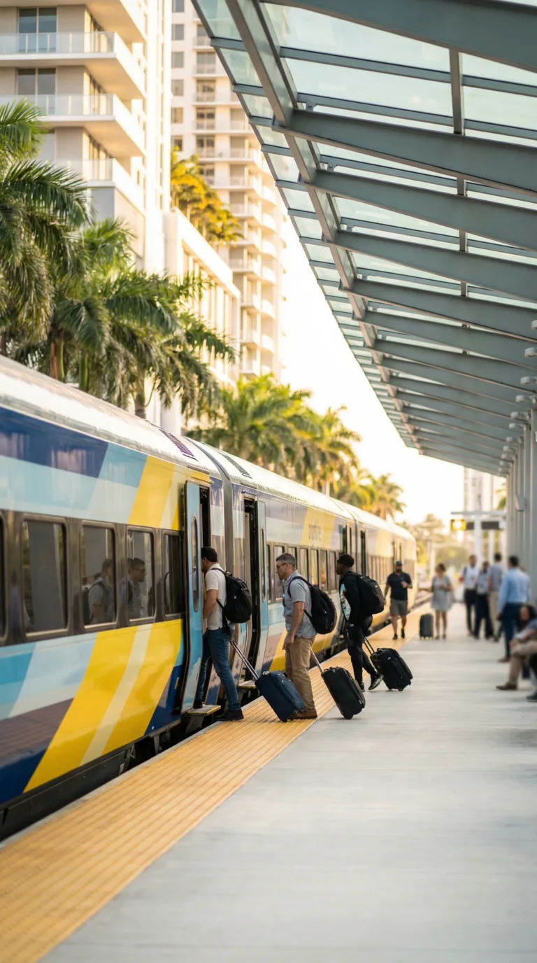 Brightline high-speed train at Fort Lauderdale station with passengers