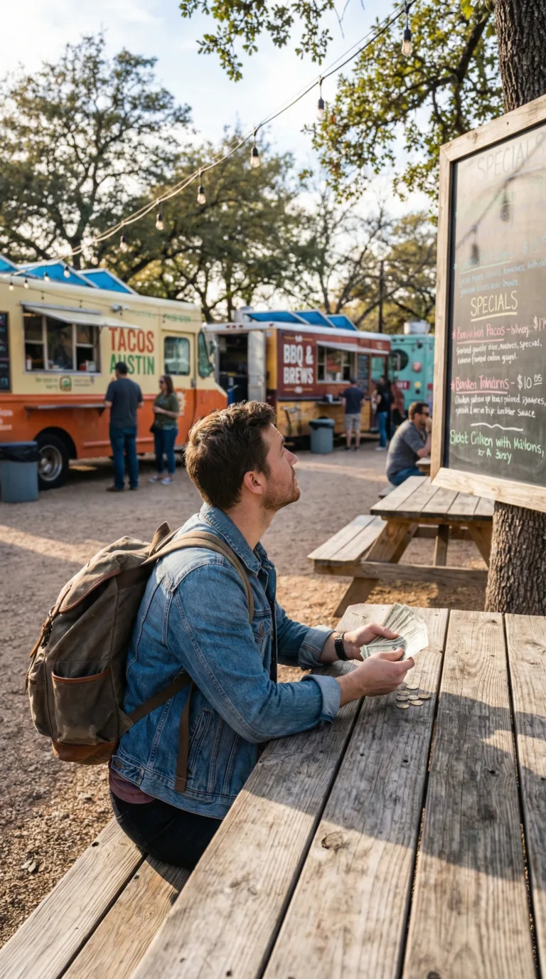 Budget traveler at Austin food truck reviewing menu and managing travel money