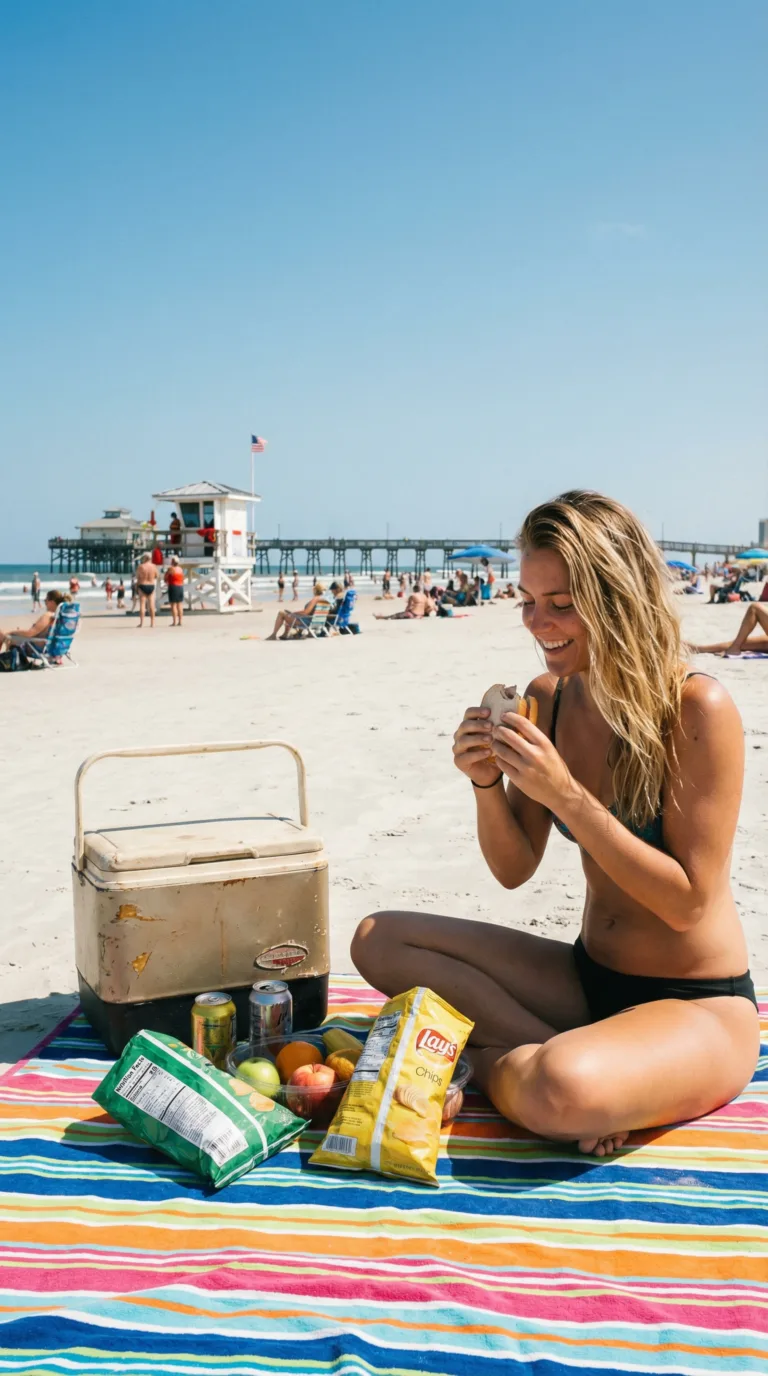 Budget traveler enjoying a beach picnic on the free public beach at Daytona Beach Florida