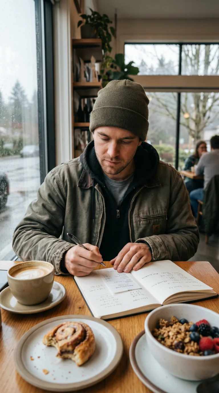Budget traveler planning expenses at Tacoma café