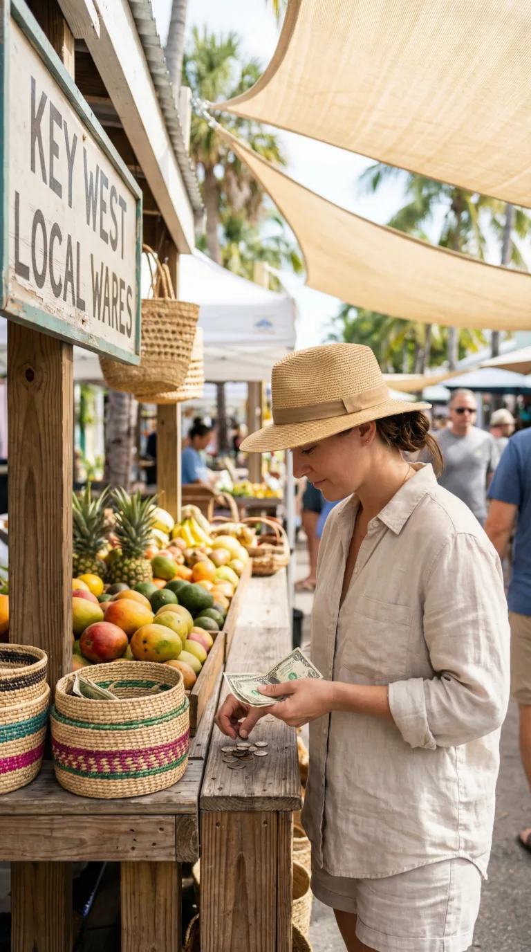 Budget traveler shopping at Key West local market with fresh produce and souvenirs