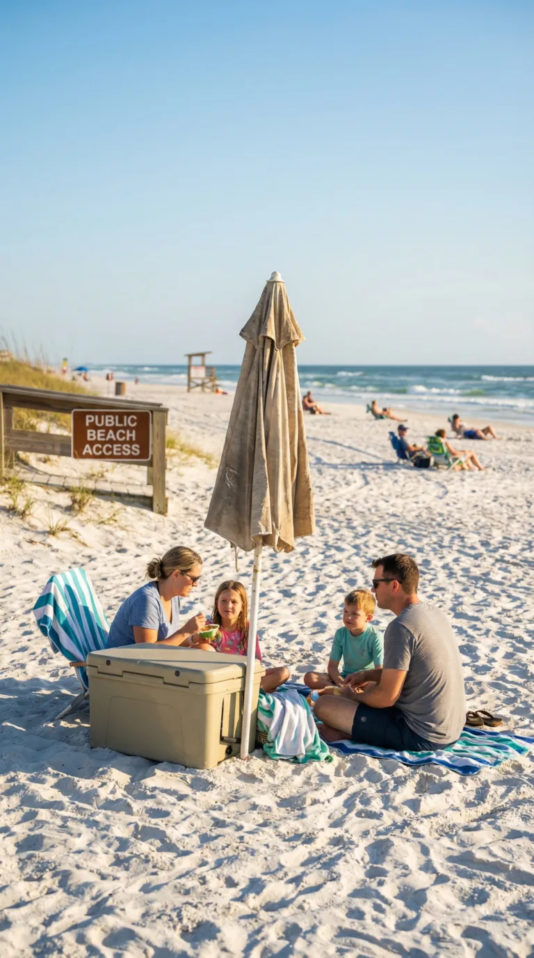 Budget travelers enjoying free public beach access on Marco Island with family setup