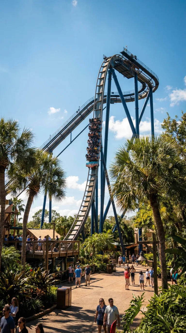 Busch Gardens Tampa roller coaster with tropical landscaping