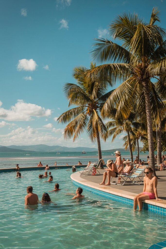 Cairns Esplanade Lagoon swimming pool with palm trees and Coral Sea views in tropical North Queensland
