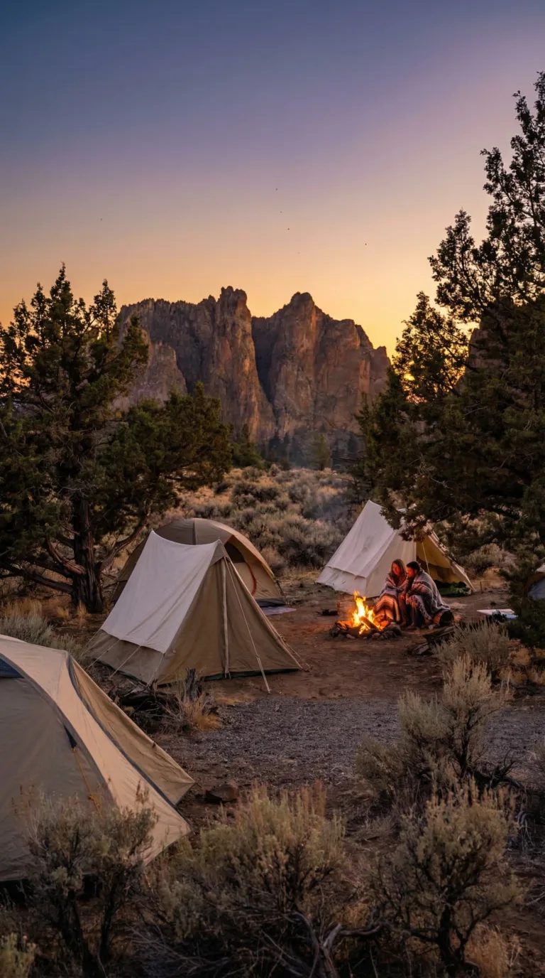 Camping tents at Skull Hollow Campground with Smith Rock formations visible in background at sunset