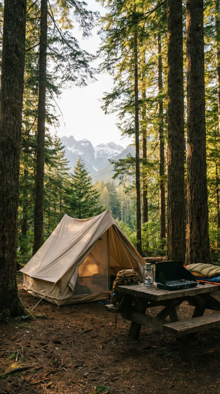 Campsite at Colonial Creek Campground near Diablo Lake with mountain views
