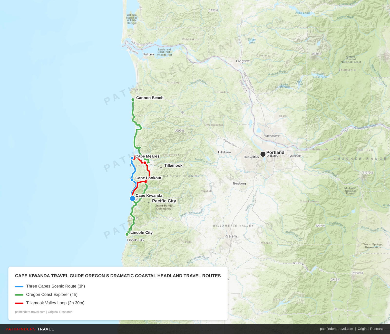 Map showing travel routes for Cape Kiwanda: Oregon's Dramatic Coastal Headland with road trip itineraries