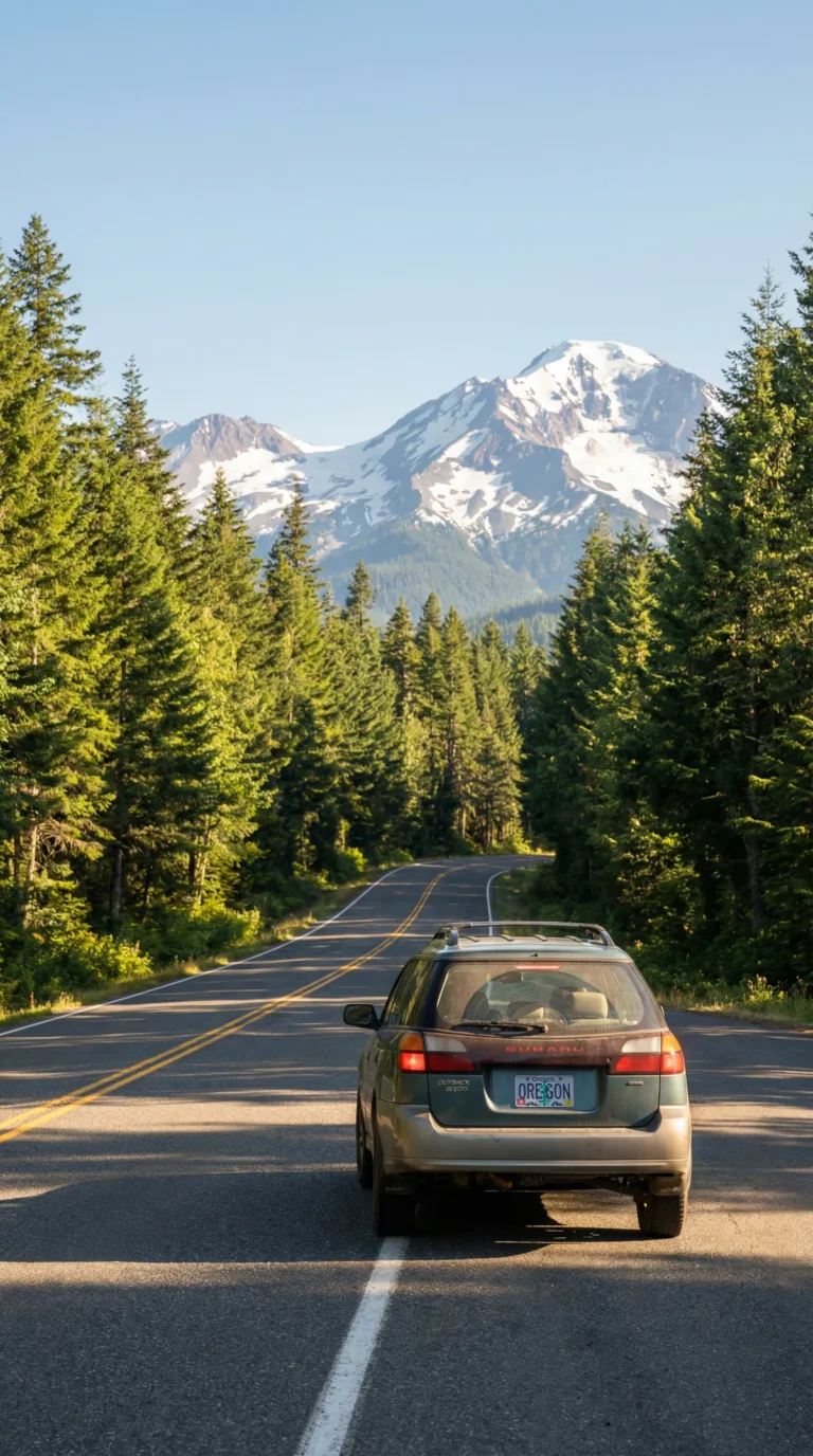 Car driving on Highway 62 through evergreen forest approaching Crater Lake National Park entrance