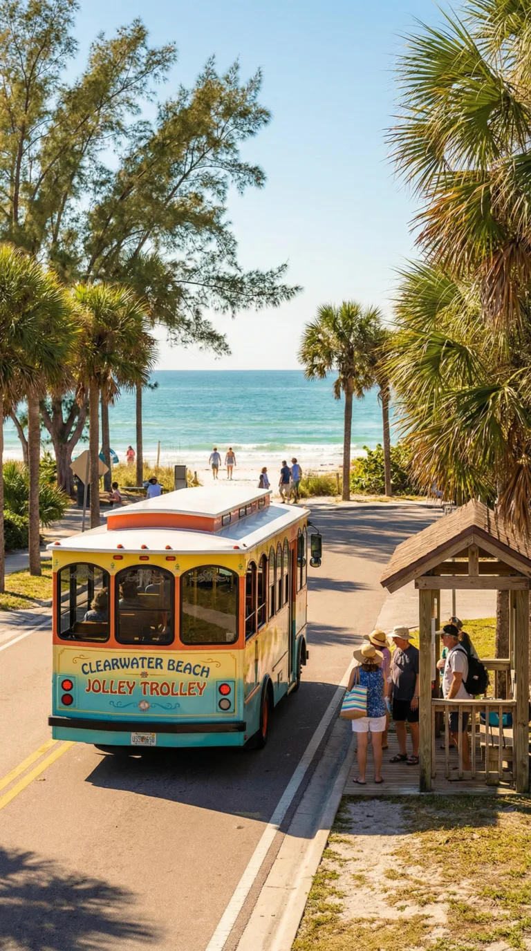 Clearwater Beach free trolley bus on beachfront road with palm trees