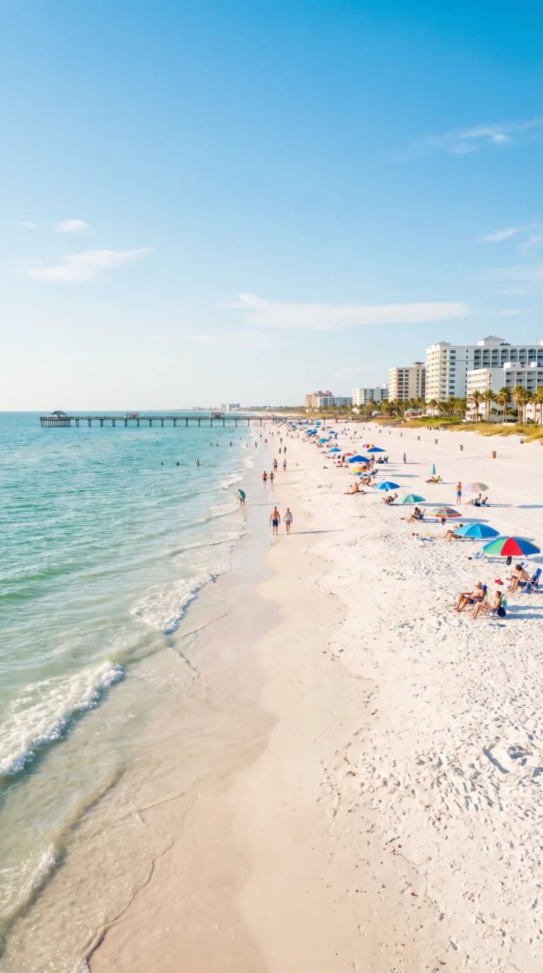 Clearwater Beach clean white sand and turquoise waters near St. Petersburg Florida