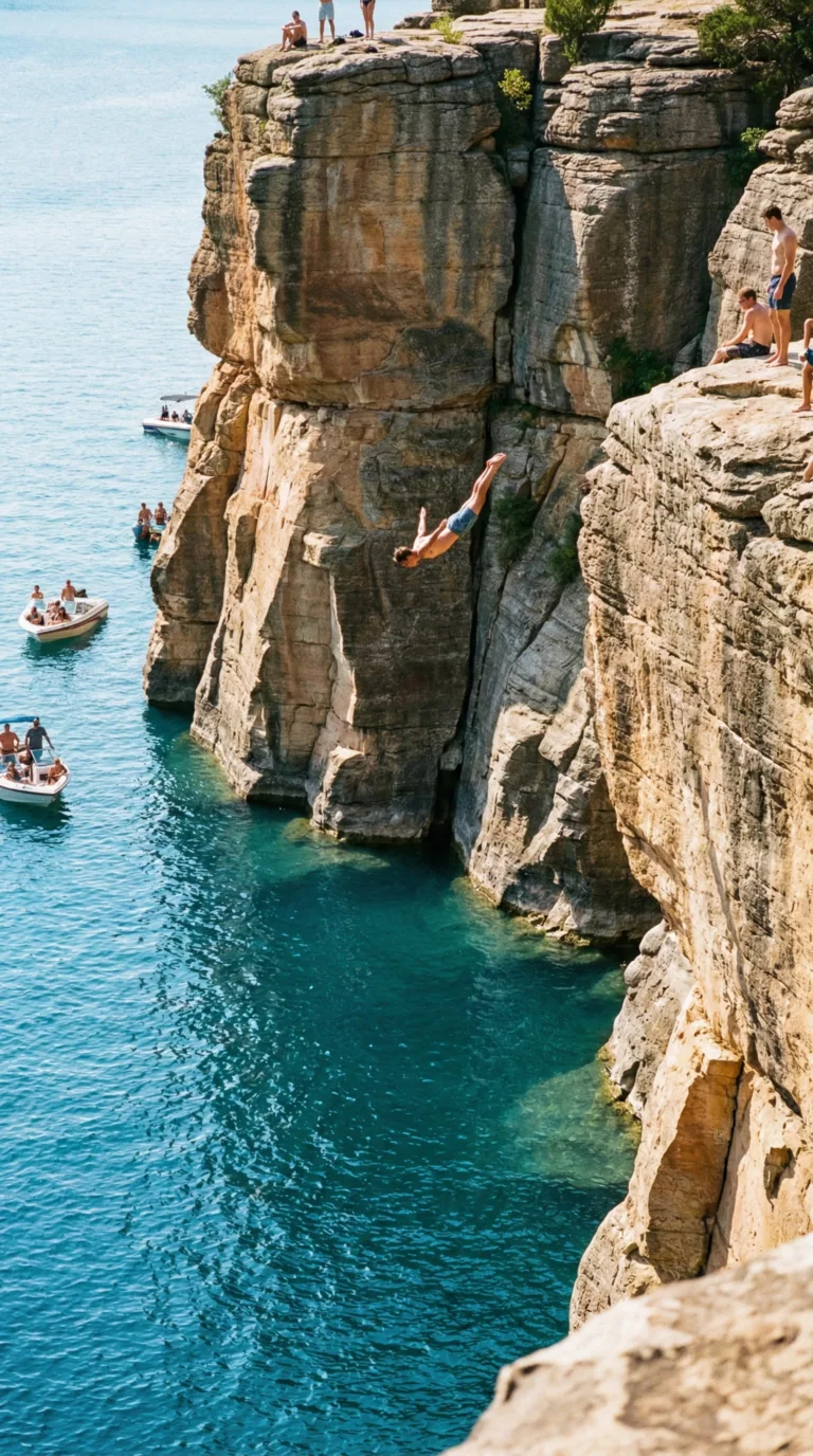 Cliff diving at Hell's Gate on Possum Kingdom Lake with towering canyon walls