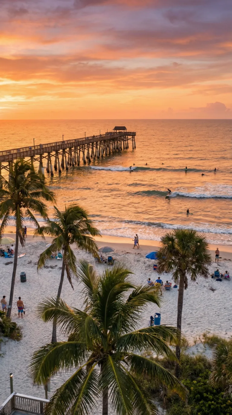 Cocoa Beach shoreline with pier, surfers, and golden hour sunset in Florida
