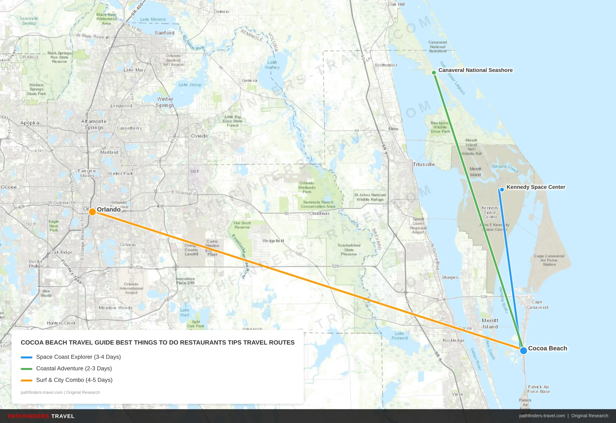 Map showing travel routes for Cocoa Beach: Best Things to Do, Restaurants & Tips with road trip itineraries